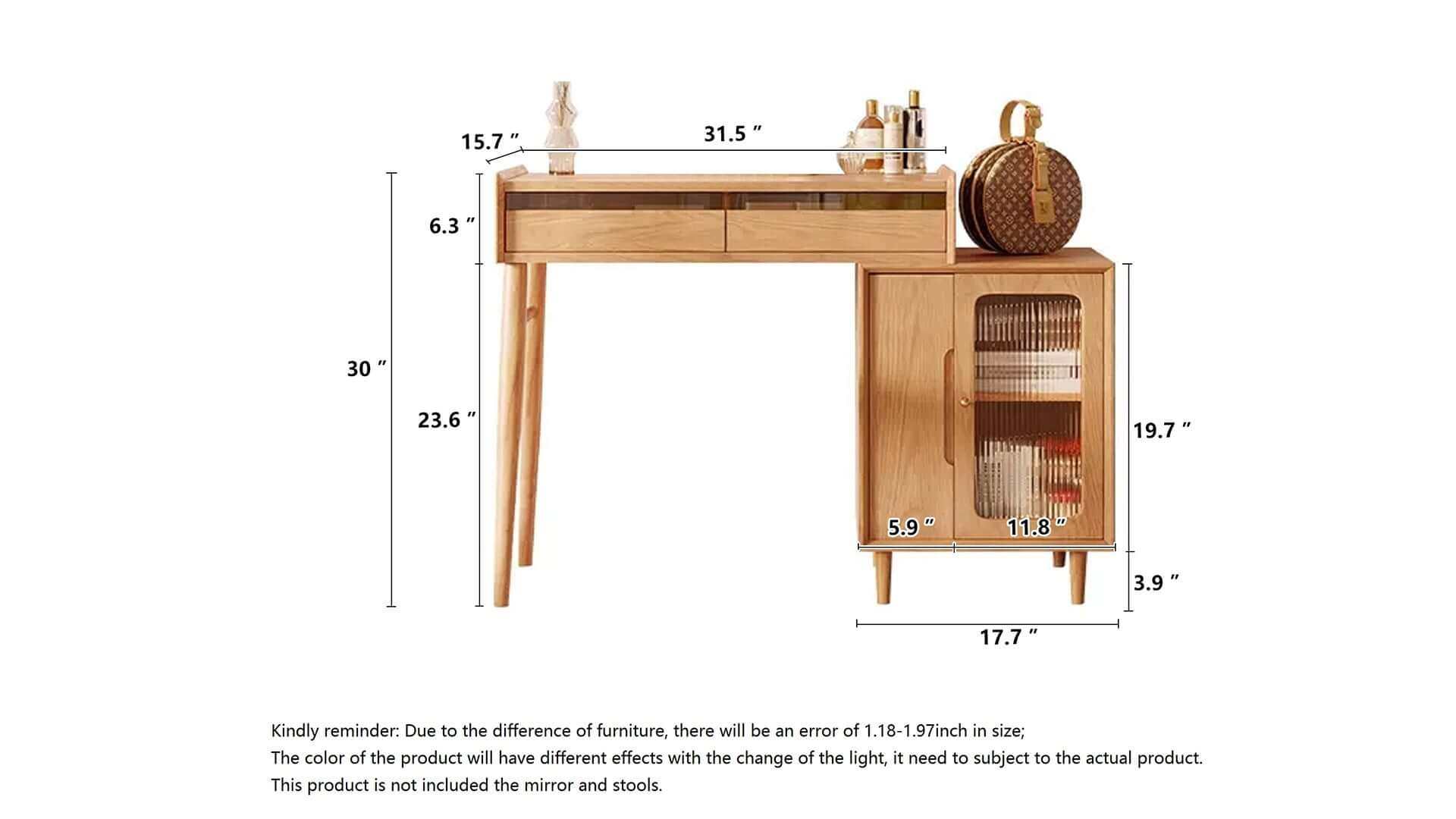 Dimension of Modern Wooden Dressing Table with Convenient Storage Drawers & Side Cabinet Included