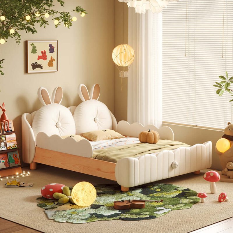 JASIWAY Solid Wood Kids Bed with Rabbit Cartoon Cushion & Guardrail