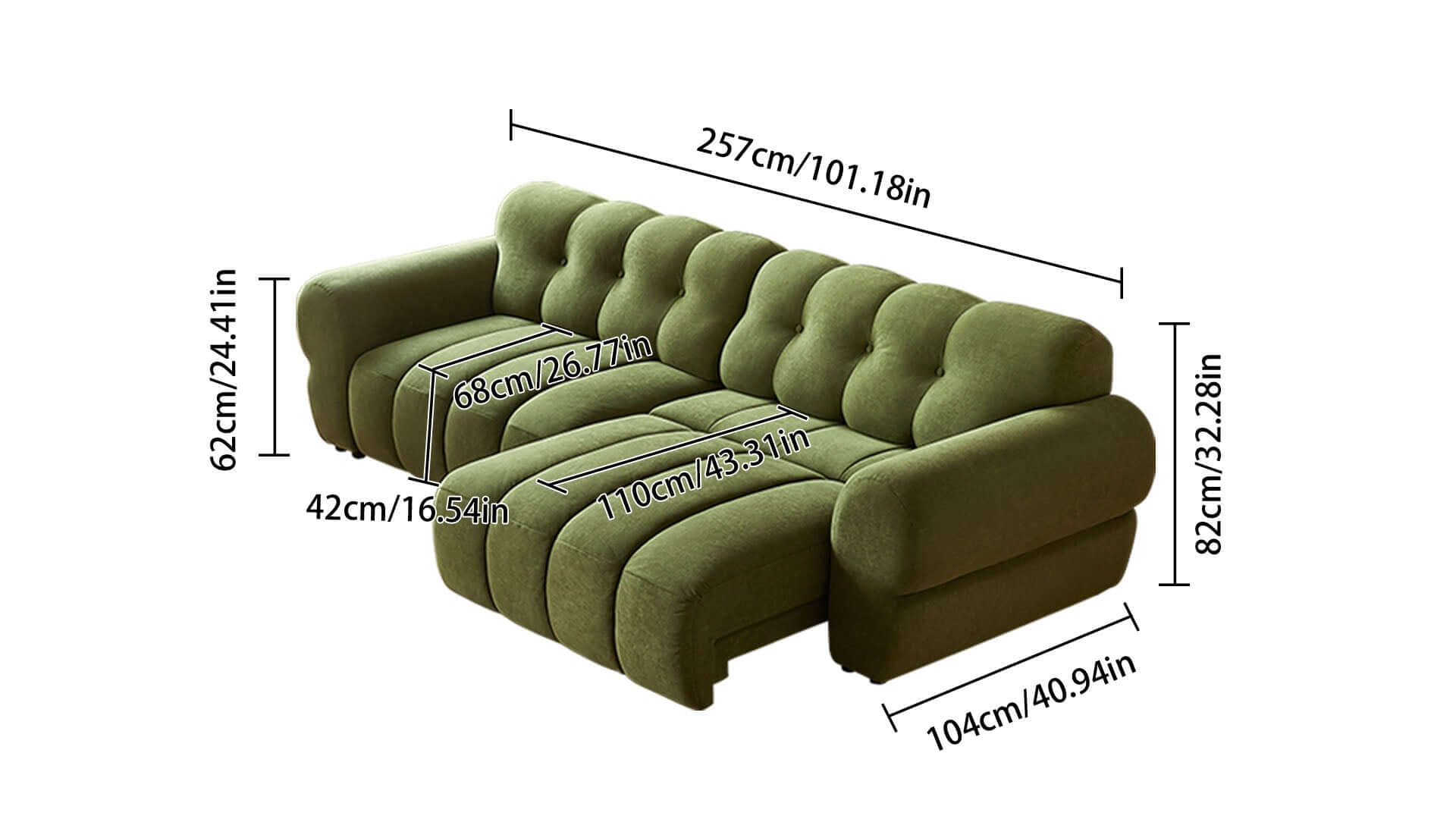 Dimension of 101.18" Smart Electric Reclining Sofa–Extendable Green Microfiber Velvet Couch