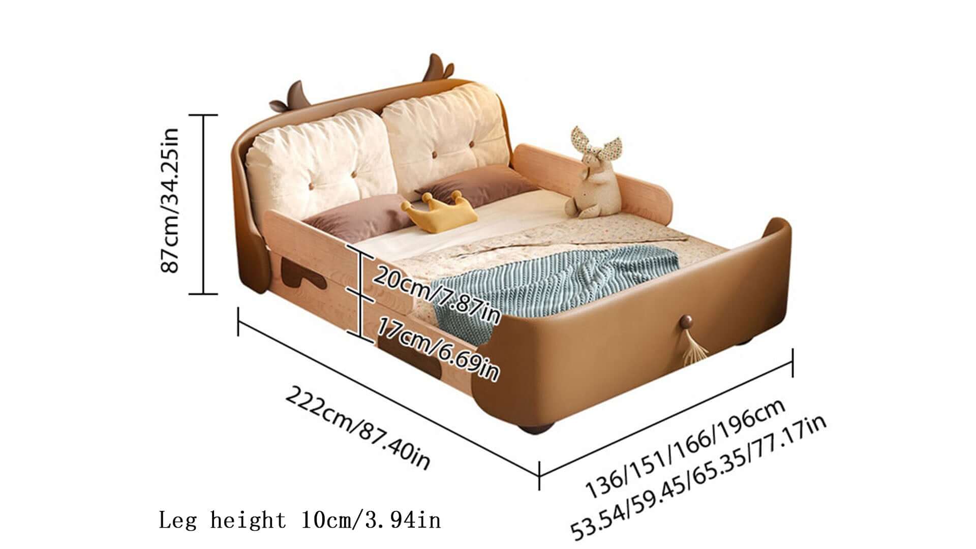 Dimension of Wooden Kid Bed with Cow Design,Safety Rail & Soft Headrest