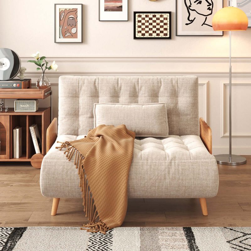 Hausfurn Beige Folding Sofa Bed Convertible Cotton & Linen