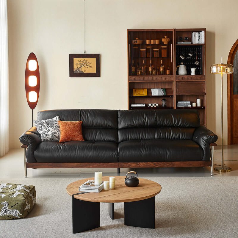 JASIWAY Three-Seater Sofa with Straight-Line Design & Top-grain Leather Upholstery