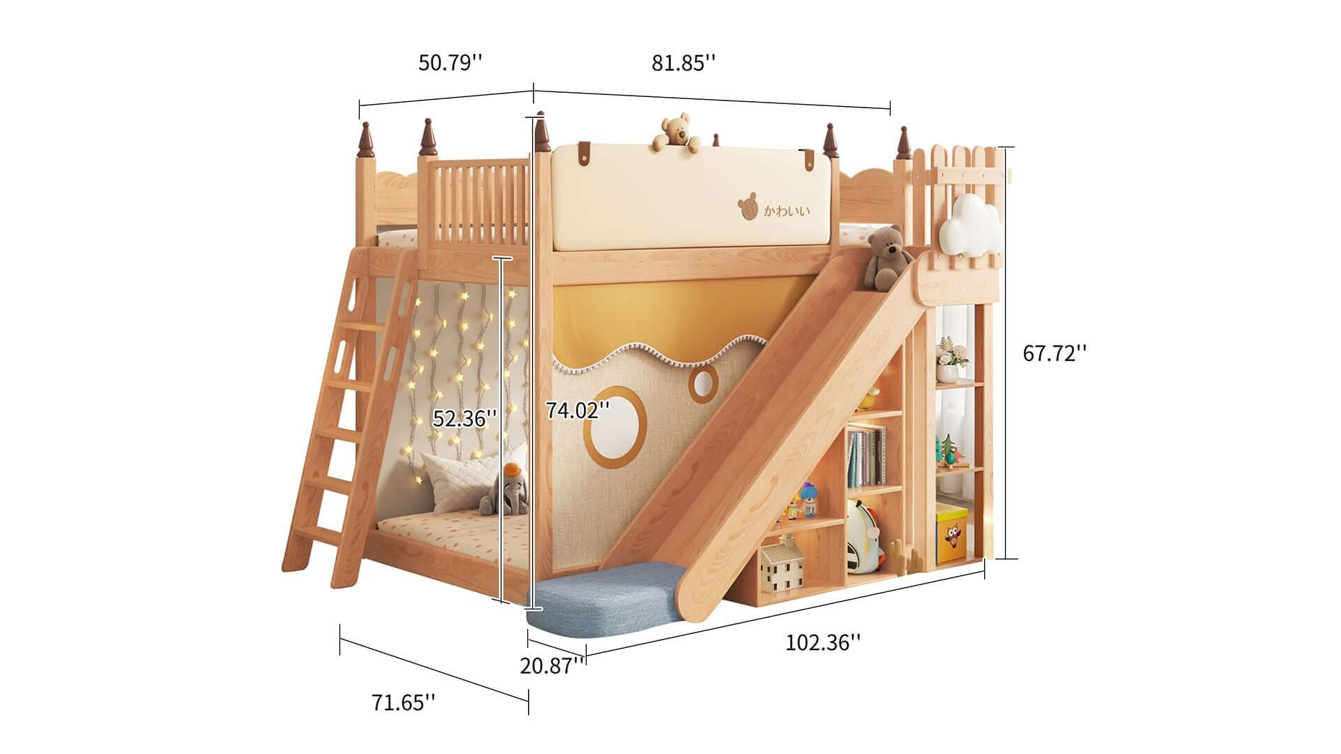 Dimension of Children's Bunk Bed Solid Wood Loft Bed with Slide Storage and Tent