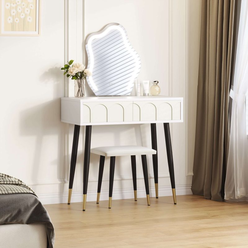 JASIWAY White Black 31.5in. Two Drawer Dresser with Mirror with Chair