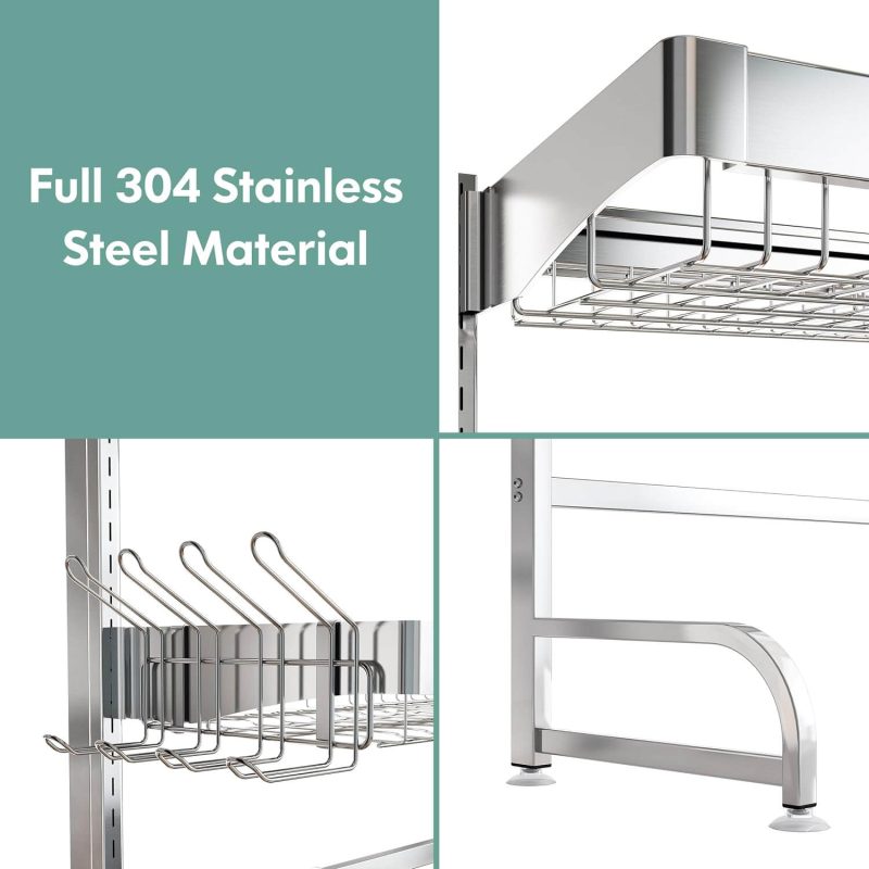 Over Sink Dish Drainer Drying Rack 3-Tier 304 Stainless Steel Large Dish Racks Sliver 25.5"-35.5"