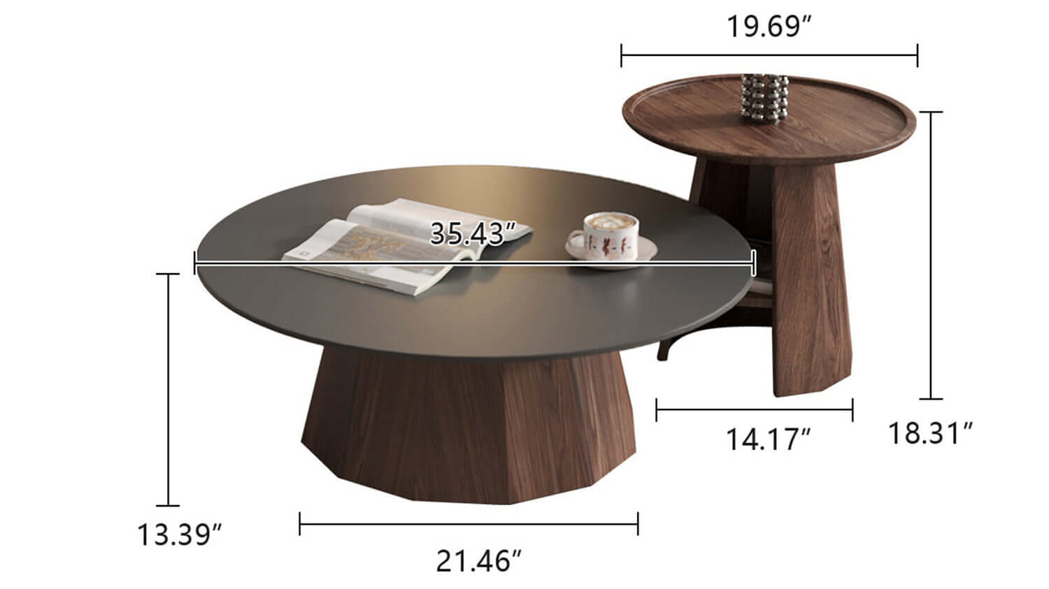 Dimension of Round High-Low Combo Coffee Table Solid Wood Slate with Storage
