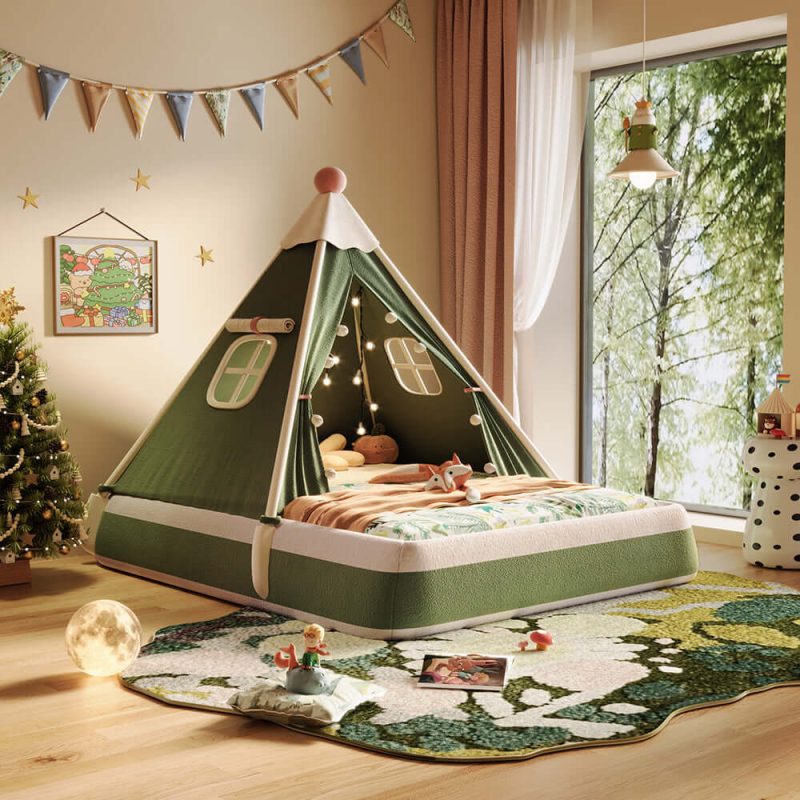 JASIWAY Christmas-Themed Upholstered Kids Tent Bed – Safe & Festive Play and Rest Space