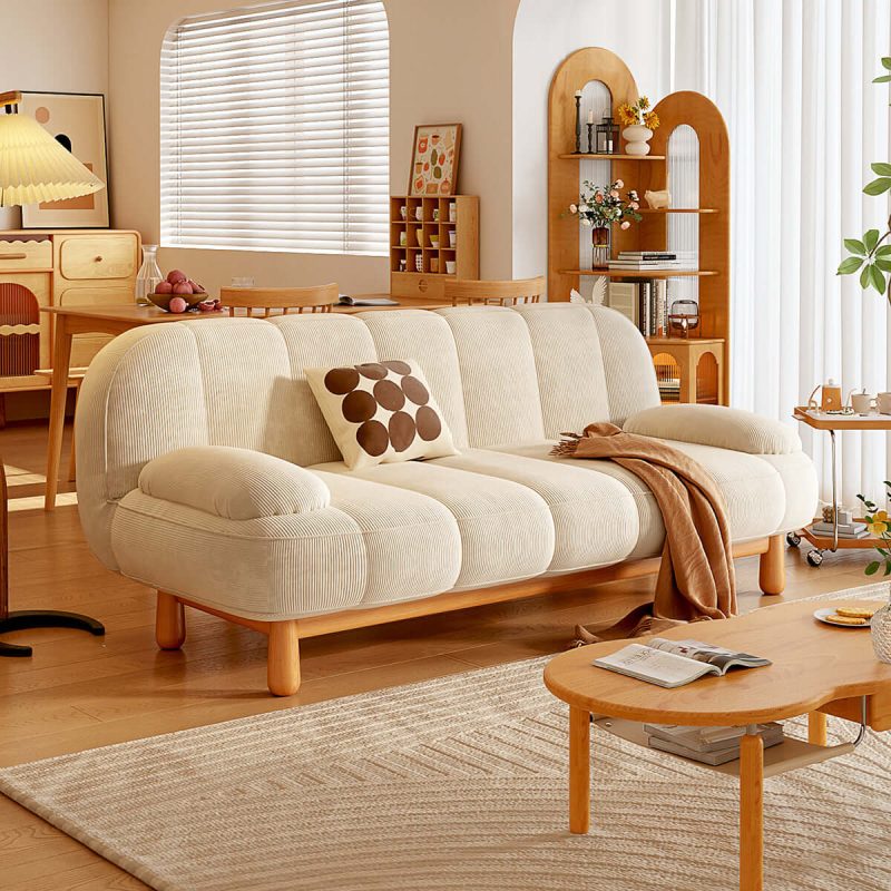 JASIWAY Japandi Loveseat Folding Sofa Bed in Cream White & Green Corduroy Fabric