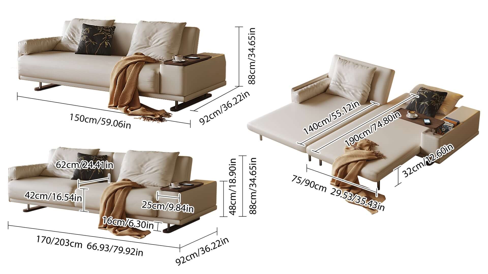 Dimension of Modern Minimalist Folding Sofa bed with Reversible Armrests & Adjustable Side Table
