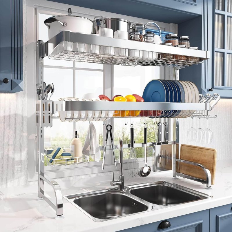 Over Sink Dish Drainer Drying Rack 3-Tier 304 Stainless Steel Large Dish Racks Sliver 25.5"-35.5"