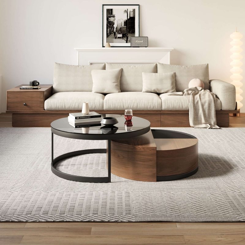 JASIWAY Black & Walnut Round 360-Degree Rotation Coffee Table Set Storage