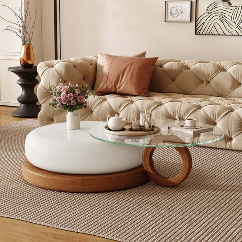 JASIWAY Modern Round Coffee Table – Glass Top & Solid Wood Leg