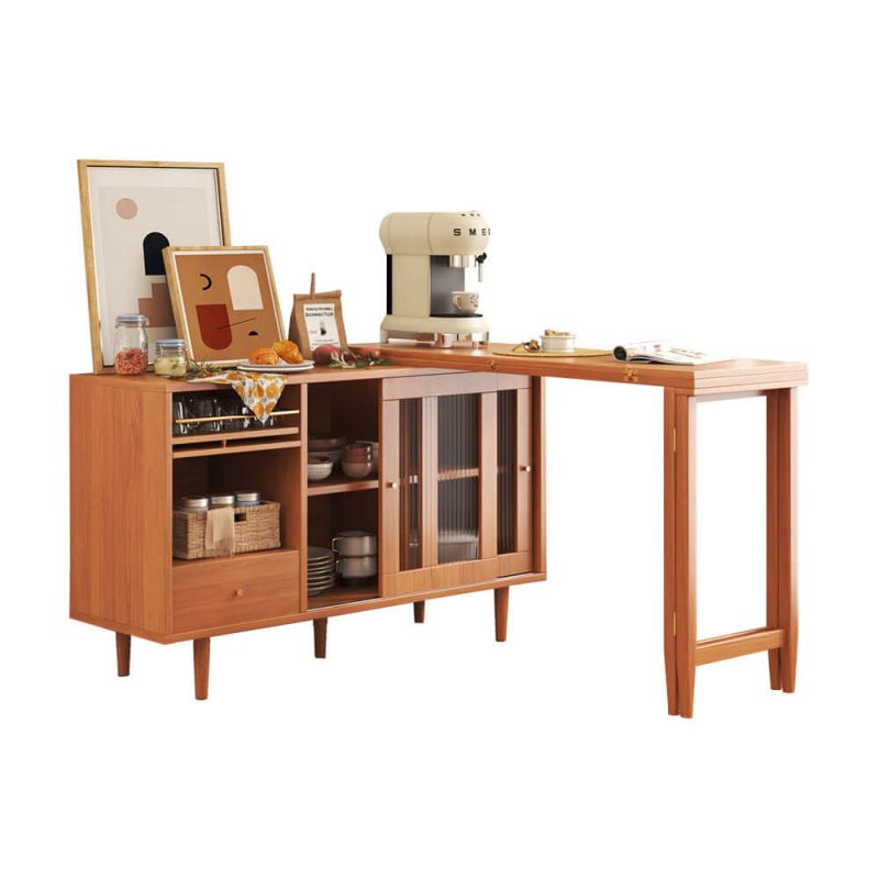 JASIWAY Folding Dining Table Sideboard in One with Glass Sliding Doors and Storage Drawers