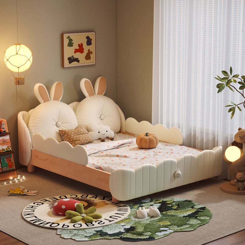 JASIWAY Solid Wood Kids Bed with Rabbit Cartoon Cushion & Guardrail