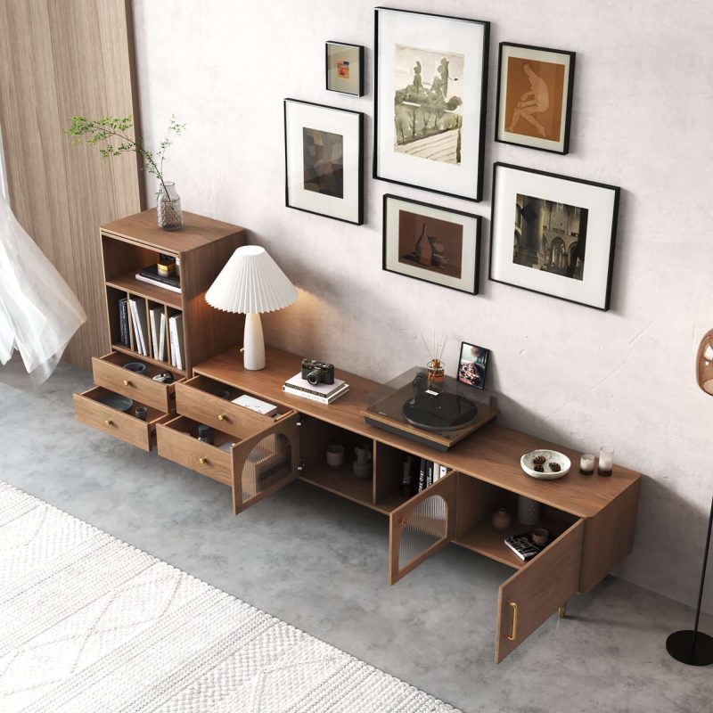 JASIWAY Modern TV Stand for TVs up to 85" Storage Cabinet with 2 Glass Doors and Drawers