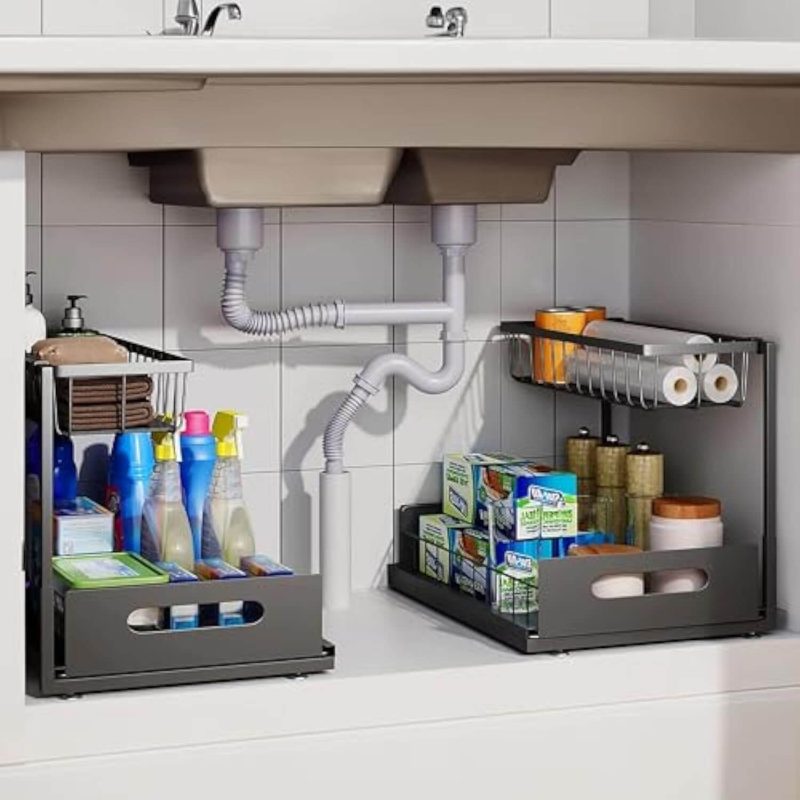 2 Pack 2-Tier Under Sink Organizers and Storage Sliding Cabinet BasketOrganizer with Hooks Multi-PurposeUnder Sink Organizers and Storagefor Bathroom Kitchen Racks Silicone