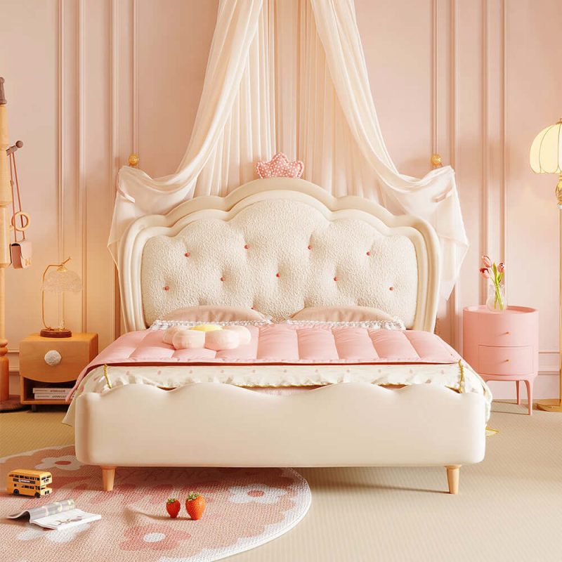 JASIWAY Modern Cream Style Wooden Kids Princess Bed in Pink & White