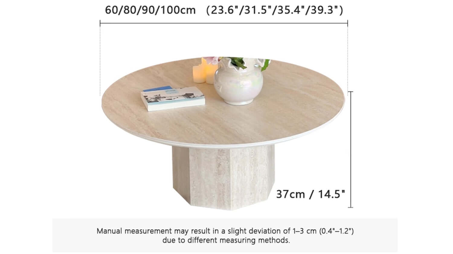 Dimension of Japandi Round Coffee Table - Beige Travertine & Premium Wood