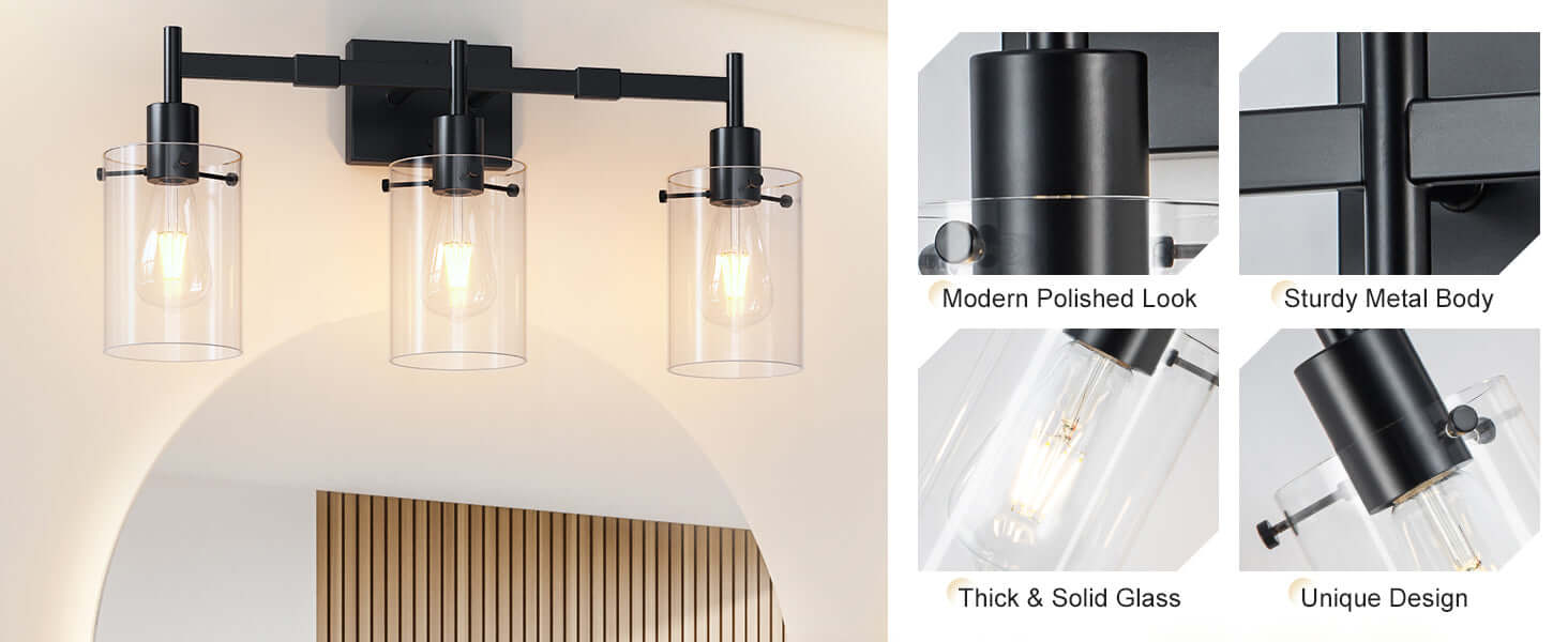 Dimension of Amazon Bathroom Light Fixtures Large Size,3-Light Black and Gold Bathroom Vanity Lights,Modern Farmhouse,For Vanity Light Fixtures Over Mirror,For Wall Sconces Bedrooms Hallways Bathrooms,Clear Glass Shade