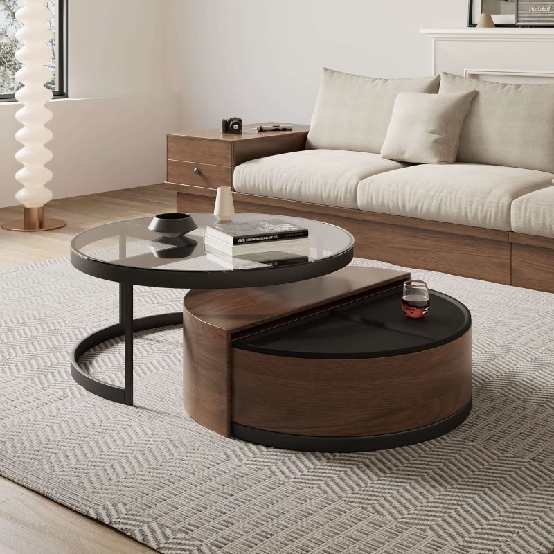 JASIWAY Black & Walnut Round 360-Degree Rotation Coffee Table Set Storage