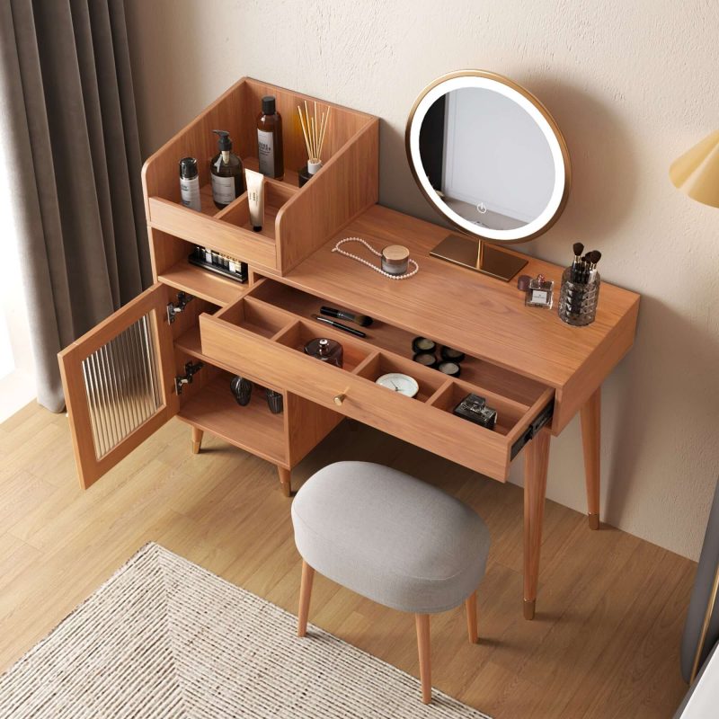JASIWAY Coffee Brown Wooden Vanity Table with Side Cabinets Open Storage & Drawers