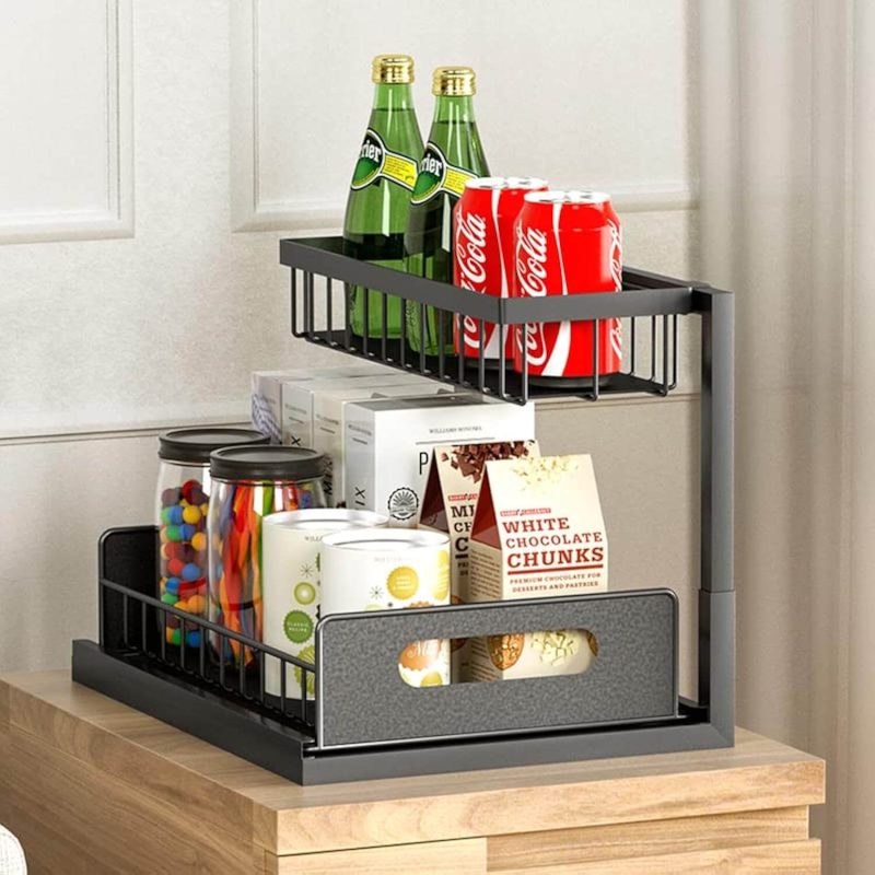2 Pack 2-Tier Under Sink Organizers and Storage Sliding Cabinet BasketOrganizer with Hooks Multi-PurposeUnder Sink Organizers and Storagefor Bathroom Kitchen Racks Silicone