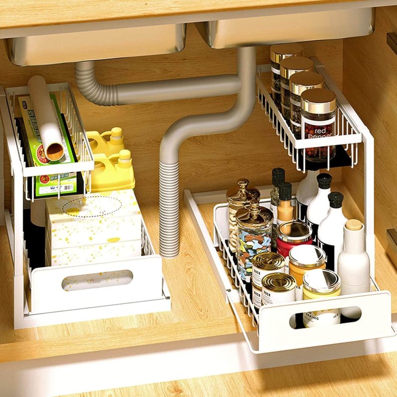2 Pack 2-Tier Under Sink Organizers and Storage Sliding Cabinet BasketOrganizer with Hooks Multi-PurposeUnder Sink Organizers and Storagefor Bathroom Kitchen Racks Silicone