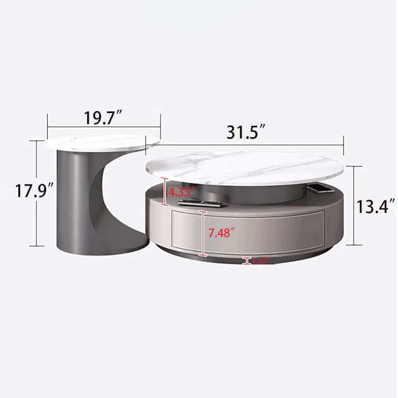 JASIWAY Luxury Slate Top Modern High-Low Round Coffee Table Set with Storage Drawers