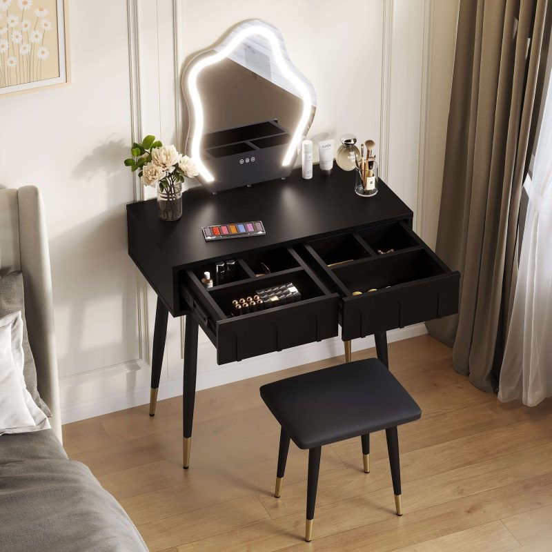 JASIWAY White Black 31.5in. Two Drawer Dresser with Mirror with Chair