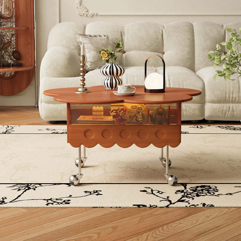 JASIWAY Retro Living Room Movable Coffee Table with Solid Wood Adjustable Petal Design