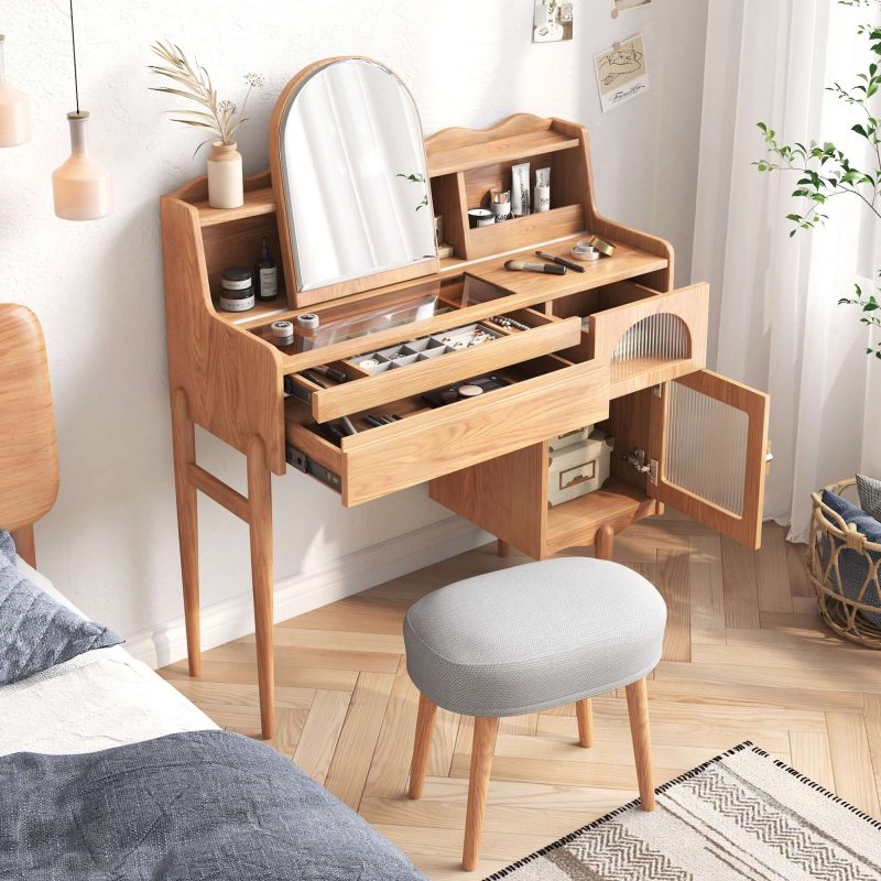 JASIWAY Wooden Makeup Vanity Table with Dressing Mirror & Drawers & Side Cabinet