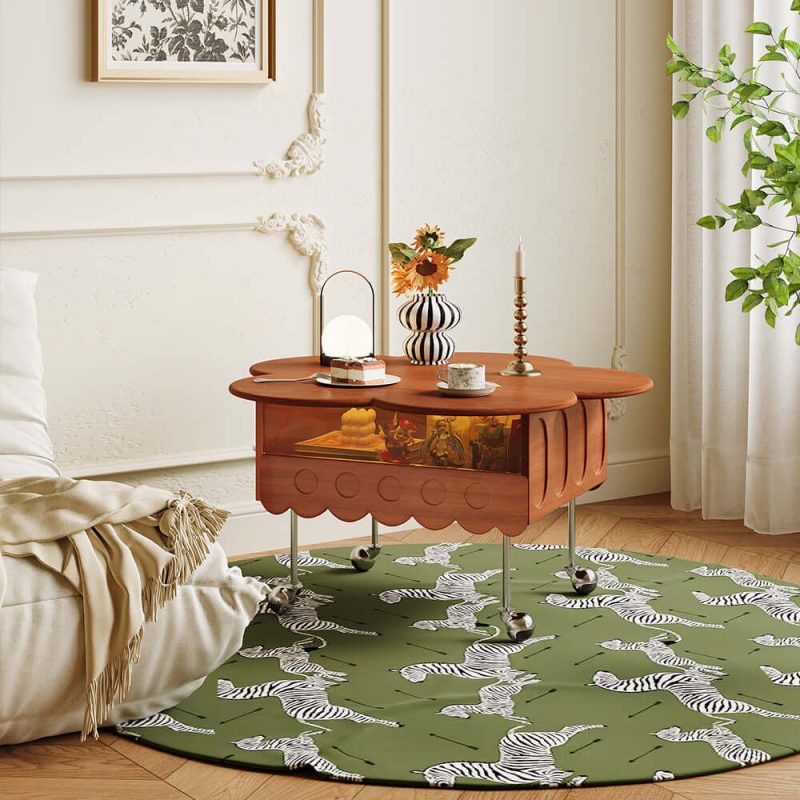 JASIWAY Retro Living Room Movable Coffee Table with Solid Wood Adjustable Petal Design
