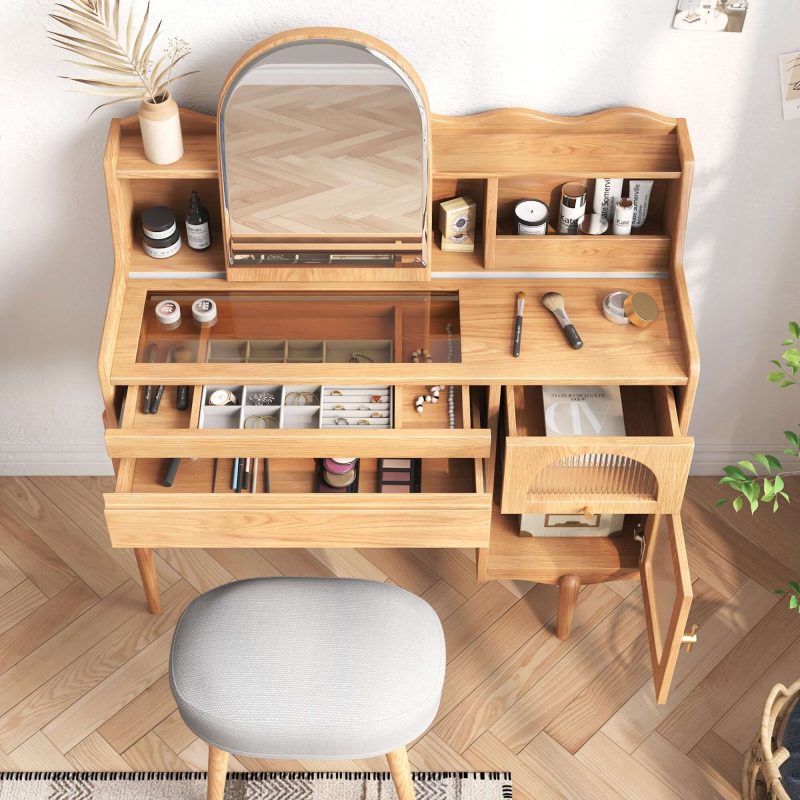 JASIWAY Wooden Makeup Vanity Table with Dressing Mirror & Drawers & Side Cabinet
