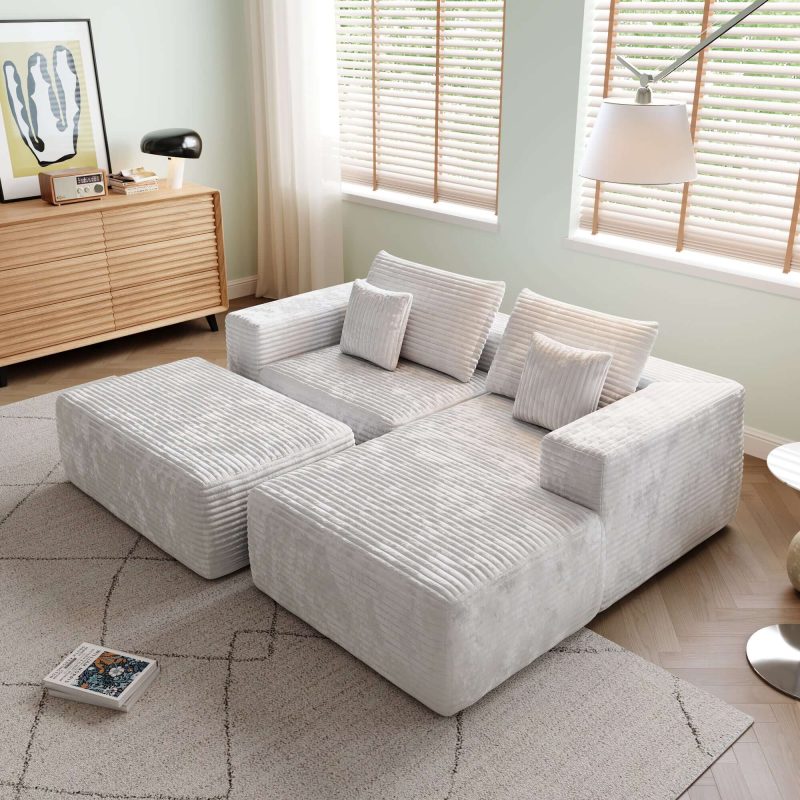 JASIWAY L-shape Beige Color Corduroy Sofa with Ottoman