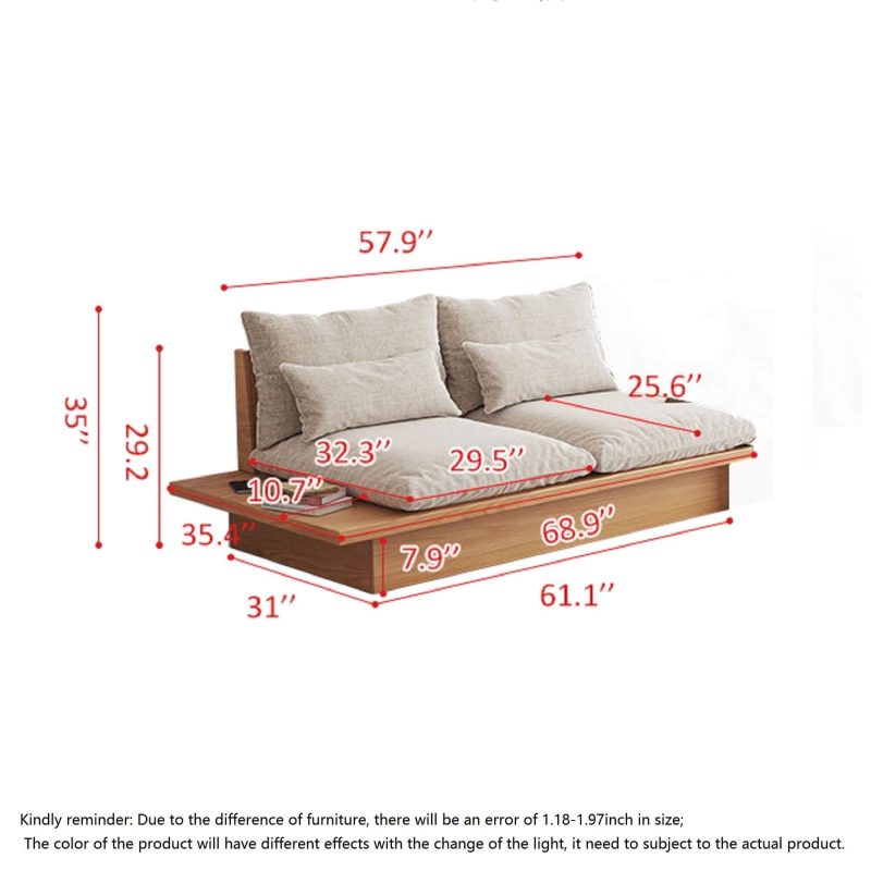 JASIWAY Cotton Linen Beige Sofa With Wood Frame & Storage Underneath