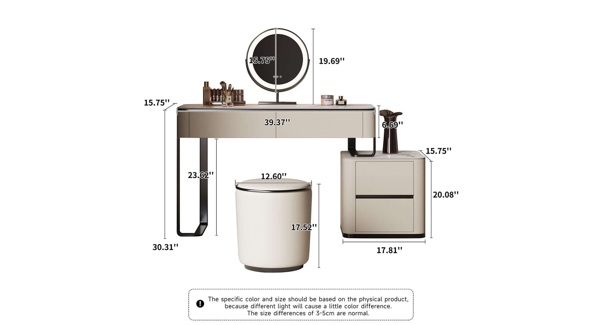 Dimension of 3 Pieces Makeup Vanity Set with LED Mirror & Stool