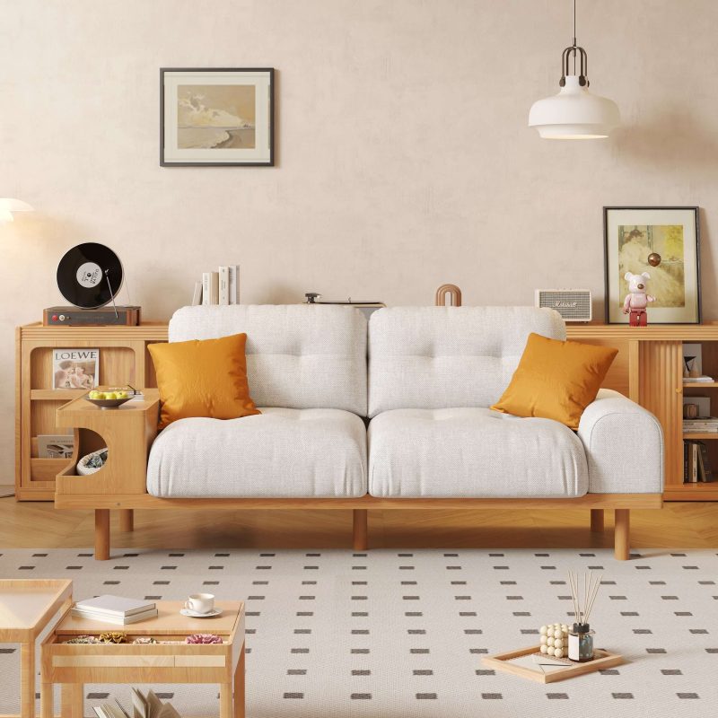 JASIWAY Japandi Wooden Base Sofa with Integrated Cat Den