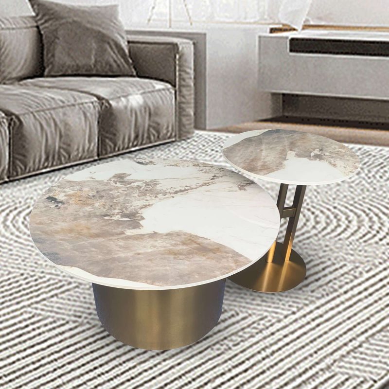 JASIWAY Black & Gold Round Nesting Coffee Table with Sintered Stone Top