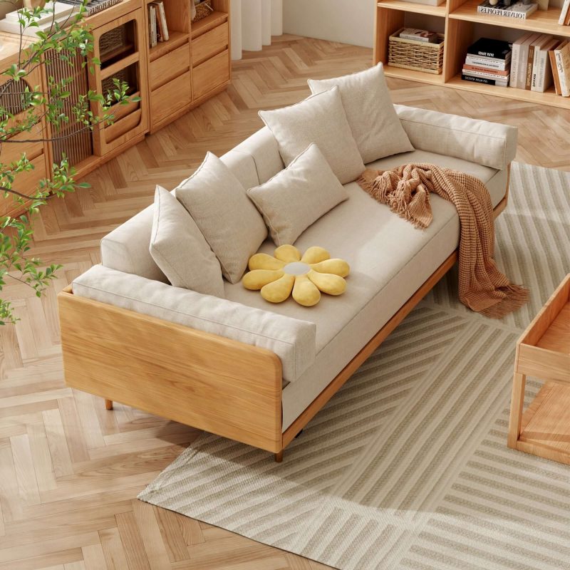 JASIWAY 82.68 Inches Modern Retractable Solid Wood Sleeper Sofa Bed