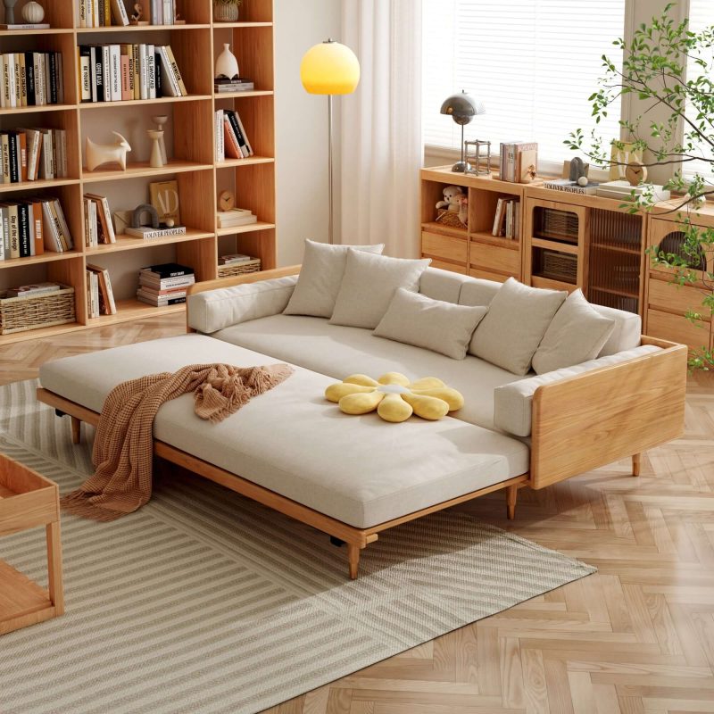 JASIWAY 82.68 Inches Modern Retractable Solid Wood Sleeper Sofa Bed