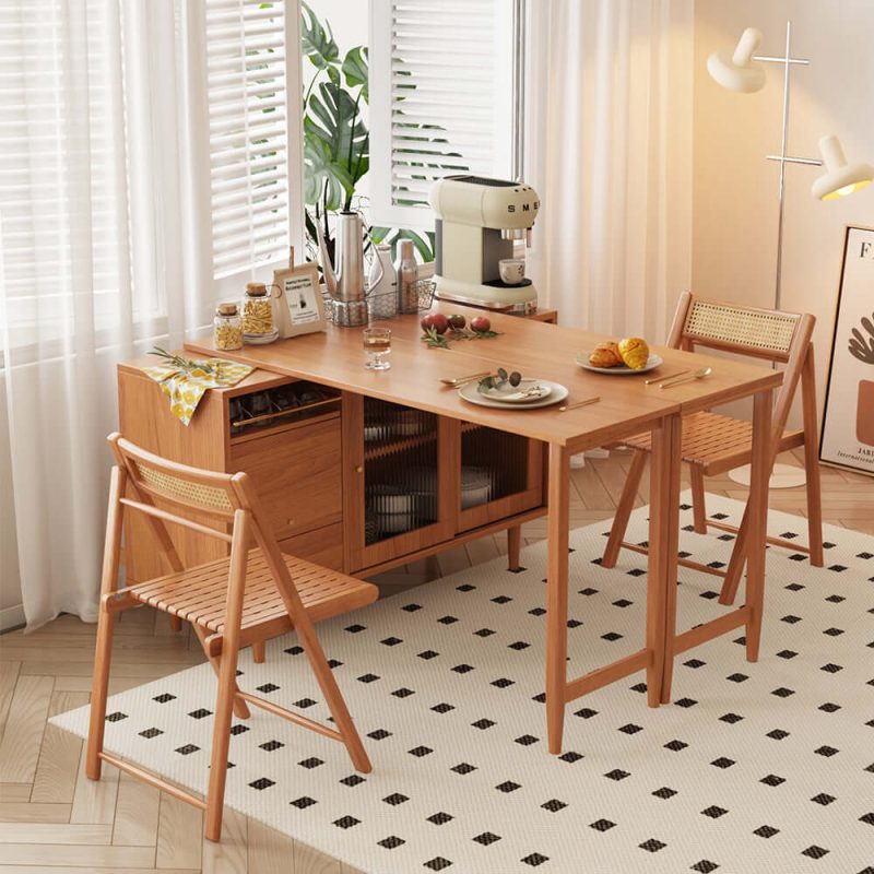 JASIWAY Folding Dining Table Sideboard in One with Glass Sliding Doors and Storage Drawers