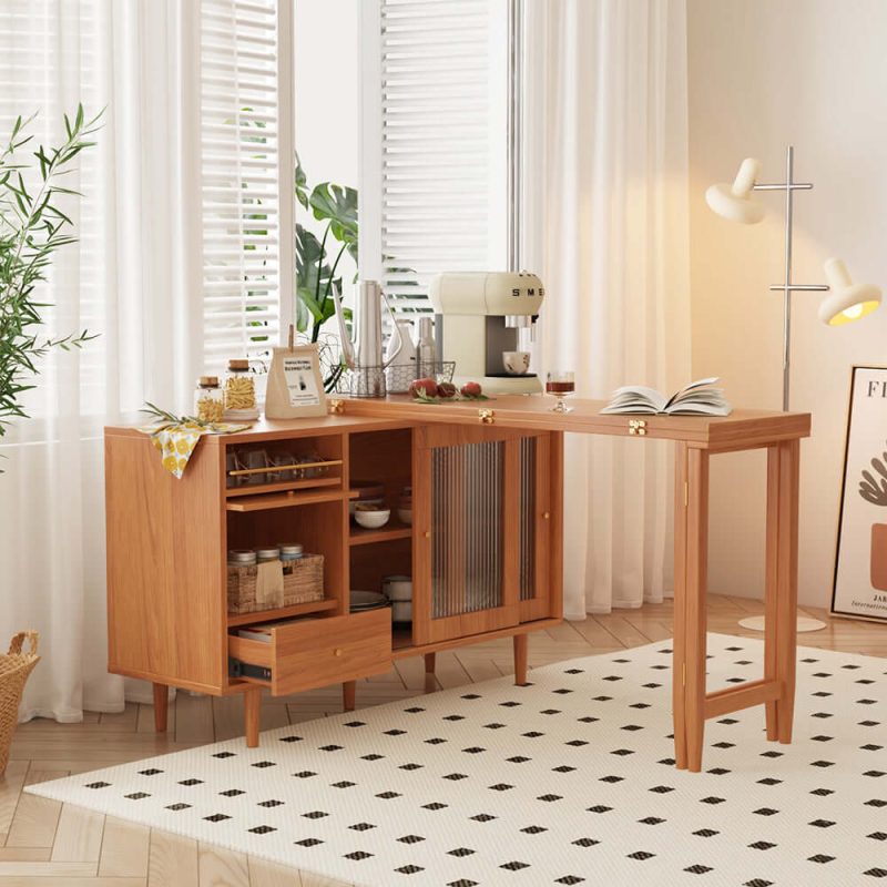 JASIWAY Folding Dining Table Sideboard in One with Glass Sliding Doors and Storage Drawers