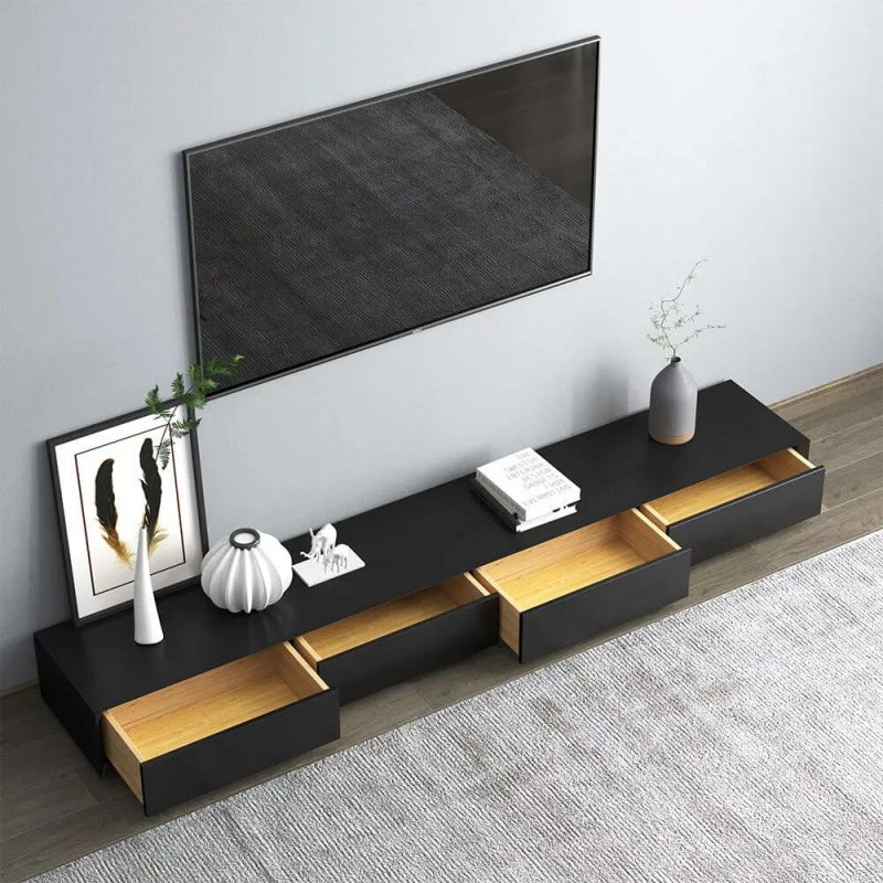 JASIWAY Modern Black Rectangular TV Stand Wood Media Console 4 Drawers for TVs Up to 88"