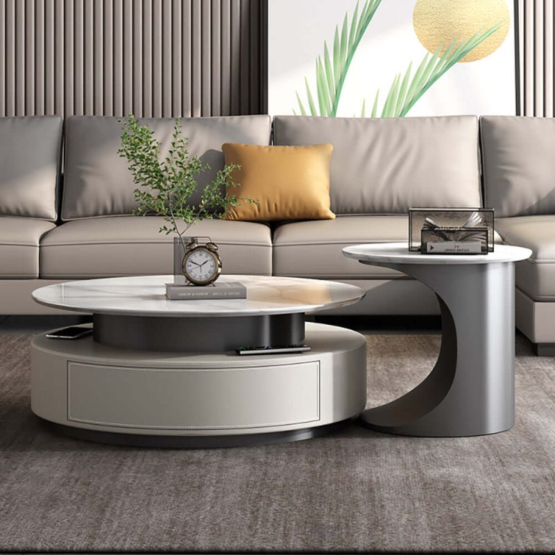 JASIWAY Luxury Slate Top Modern High-Low Round Coffee Table Set with Storage Drawers