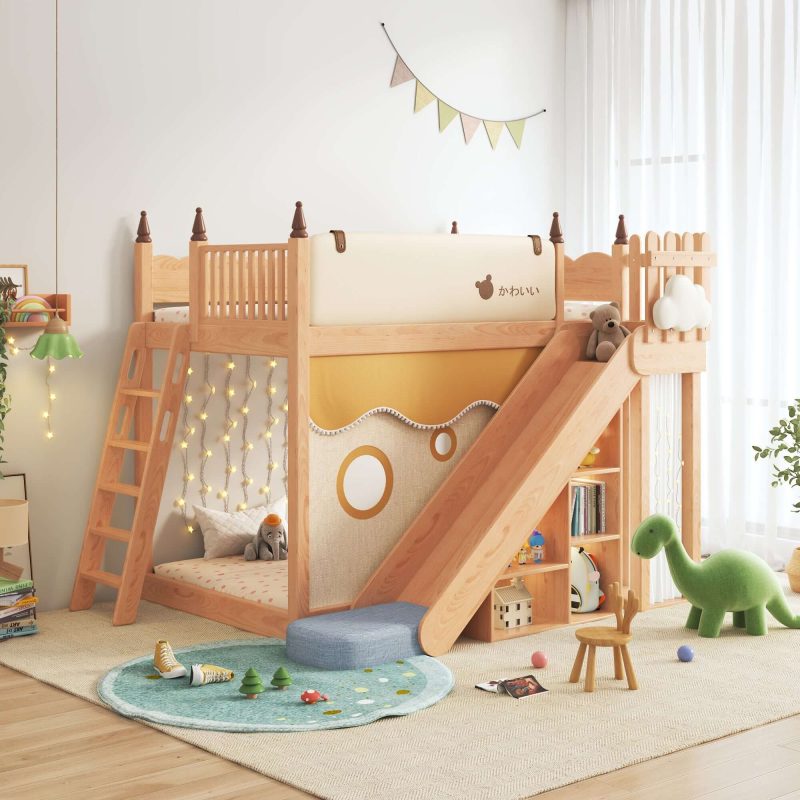 JASIWAY Children's Bunk Bed Solid Wood Loft Bed with Slide Storage and Tent