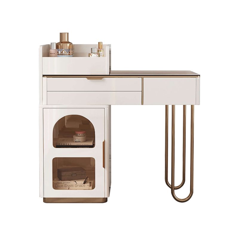 JASIWAY White Makeup Vanity Glass Tabletop Dressing Table with Open Storage Compartment & Drawers & Cabinet
