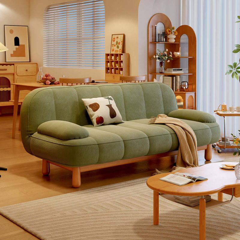 JASIWAY Japandi Loveseat Folding Sofa Bed in Cream White & Green Corduroy Fabric