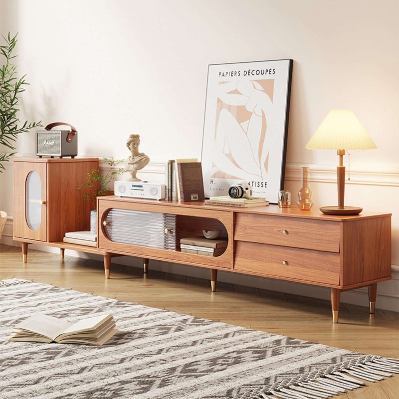 JASIWAY Rectangle Wood Extendable TV Stand with Bookshelf & Storage Drawers