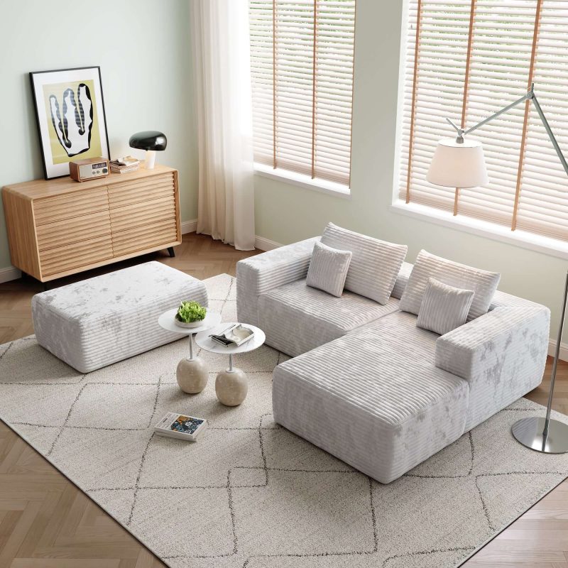 JASIWAY L-shape Beige Color Corduroy Sofa with Ottoman