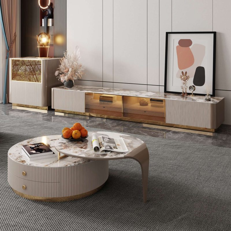 JASIWAY 2-Piece Modern Round Coffee Table with 2 Drawers & Metal Legs